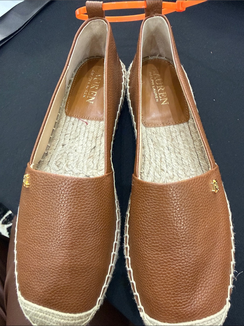 Ralph Lauren Tan Brown Pebbled Leather Espadrille Slip-Ons